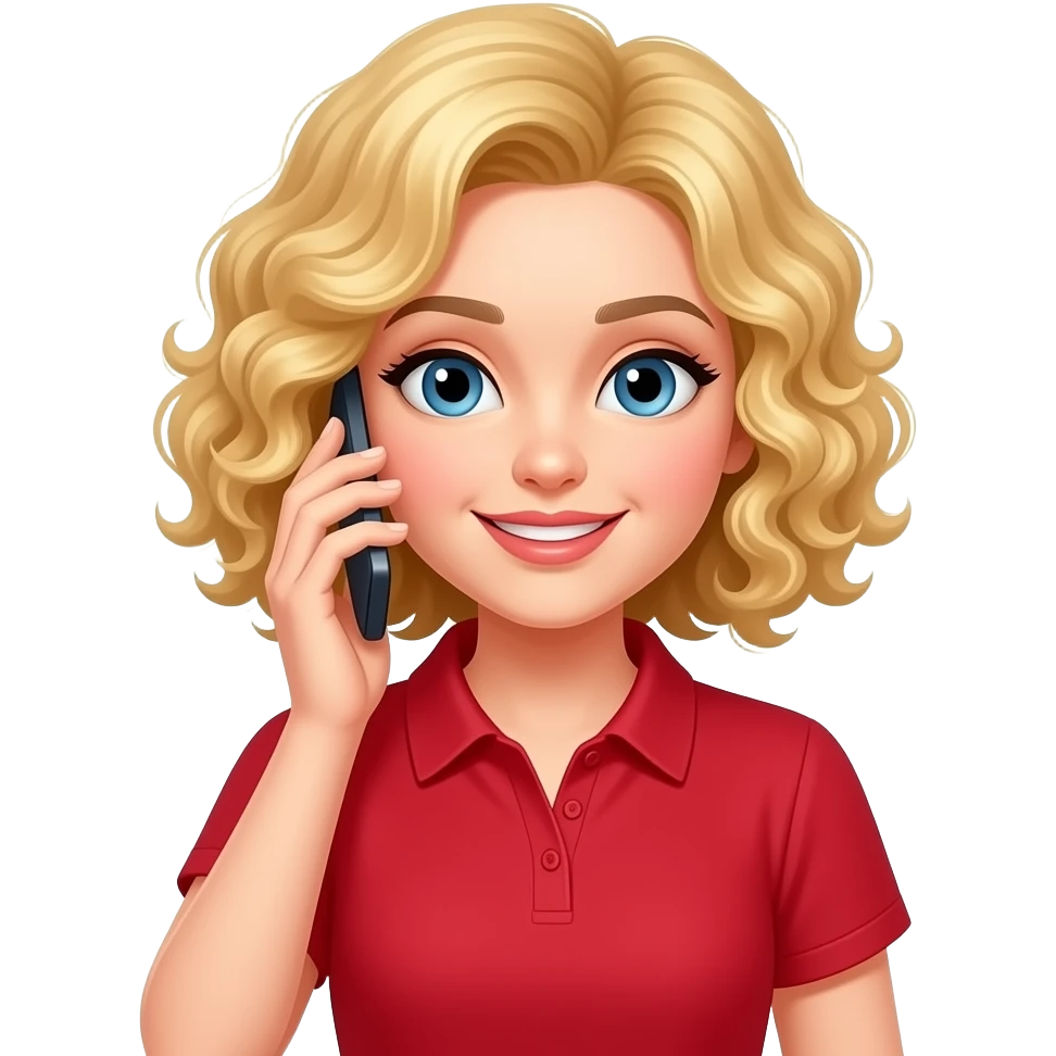 blonde tight curly bob talking on the phone in a red short sleeve shirt emoji