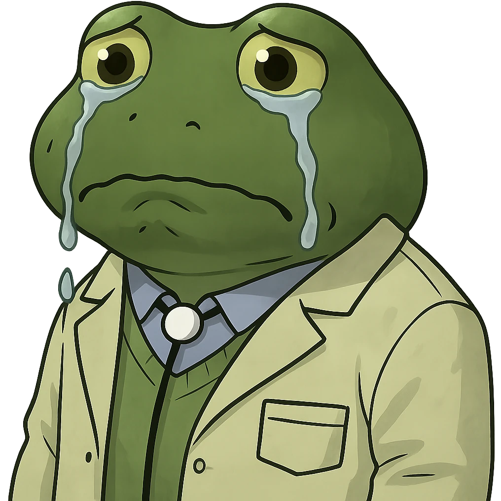 Add visible tears to the bufo frog doctor wearing a doctor's coat, with an extremely sad expression facing forward, no background. Keep the bufo frog style and emphasize the tears and sadness in the eyes clearly. emoji