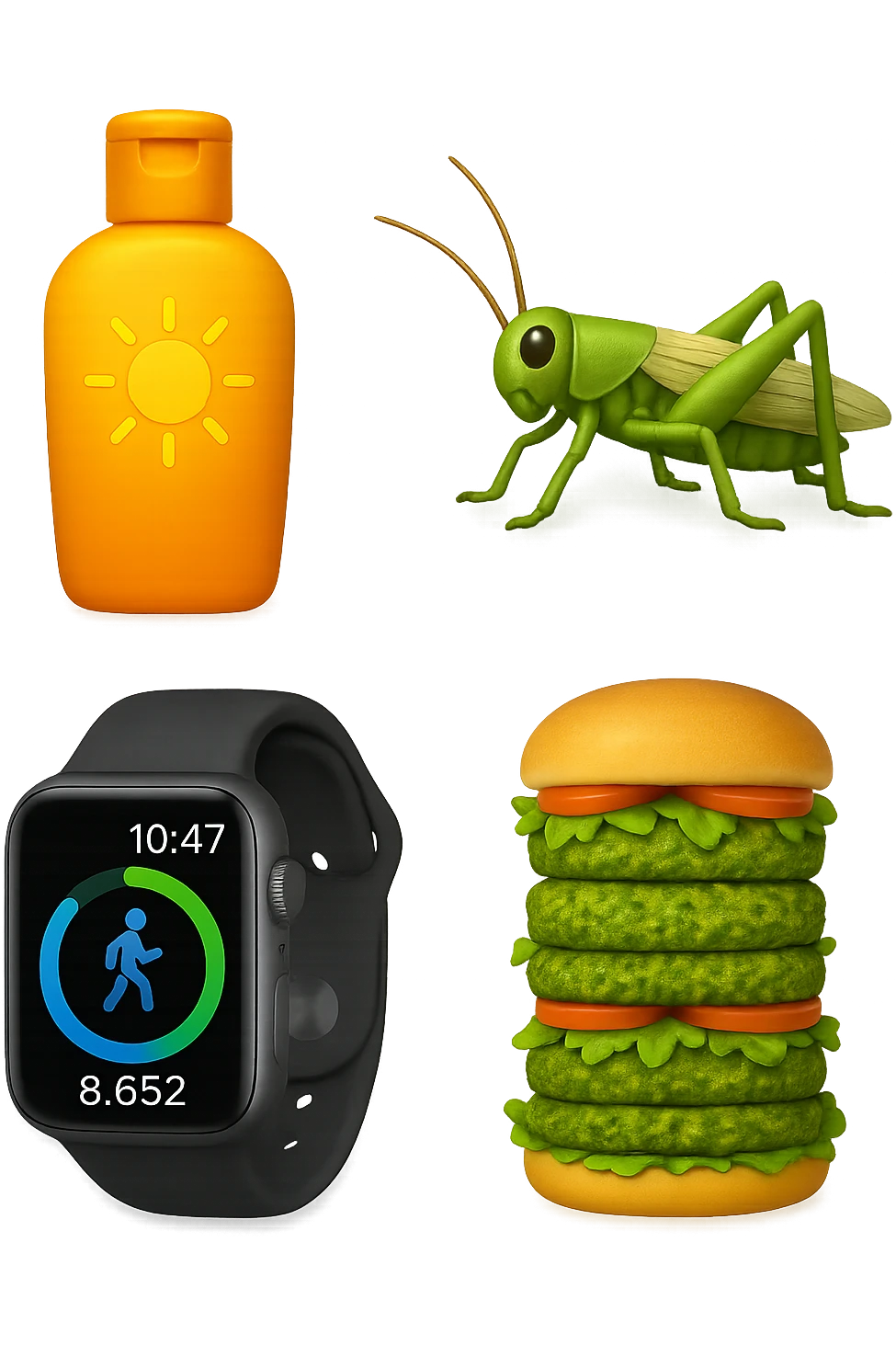 emoji stile iphone di una boccetta di CREMA SOLARE, UNO SMARTWATCH CONTAPASSI, UN GRILLO, UNA TORRETTA DI HAMBURGER FATTI CON I PISELLI, IPERREALISTICO 4K emoji