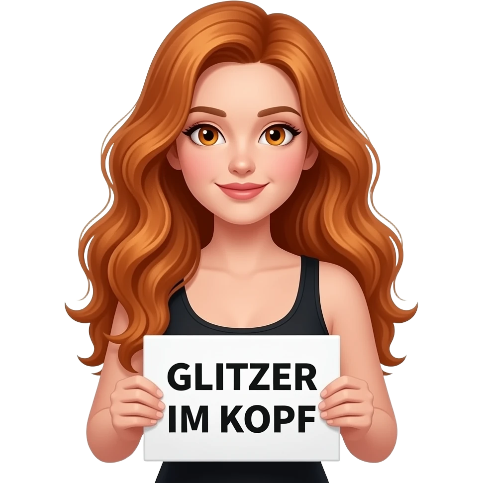 sexy girl with long wavy ginger hair and ginger eyes wearing a black tanktop is holding a white colored sign with GLITZER IM KOPF written on it emoji