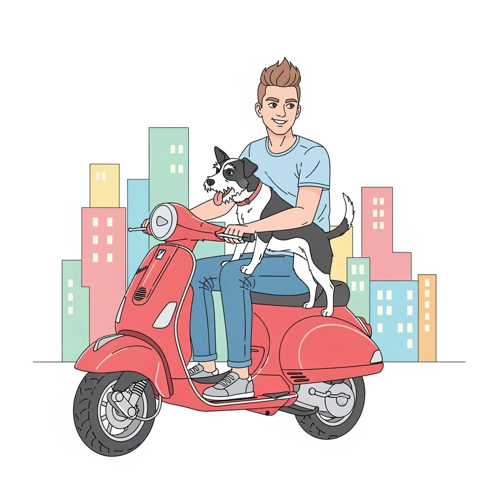 color vector art with thin outline of man and pet dog riding a scooter emoji