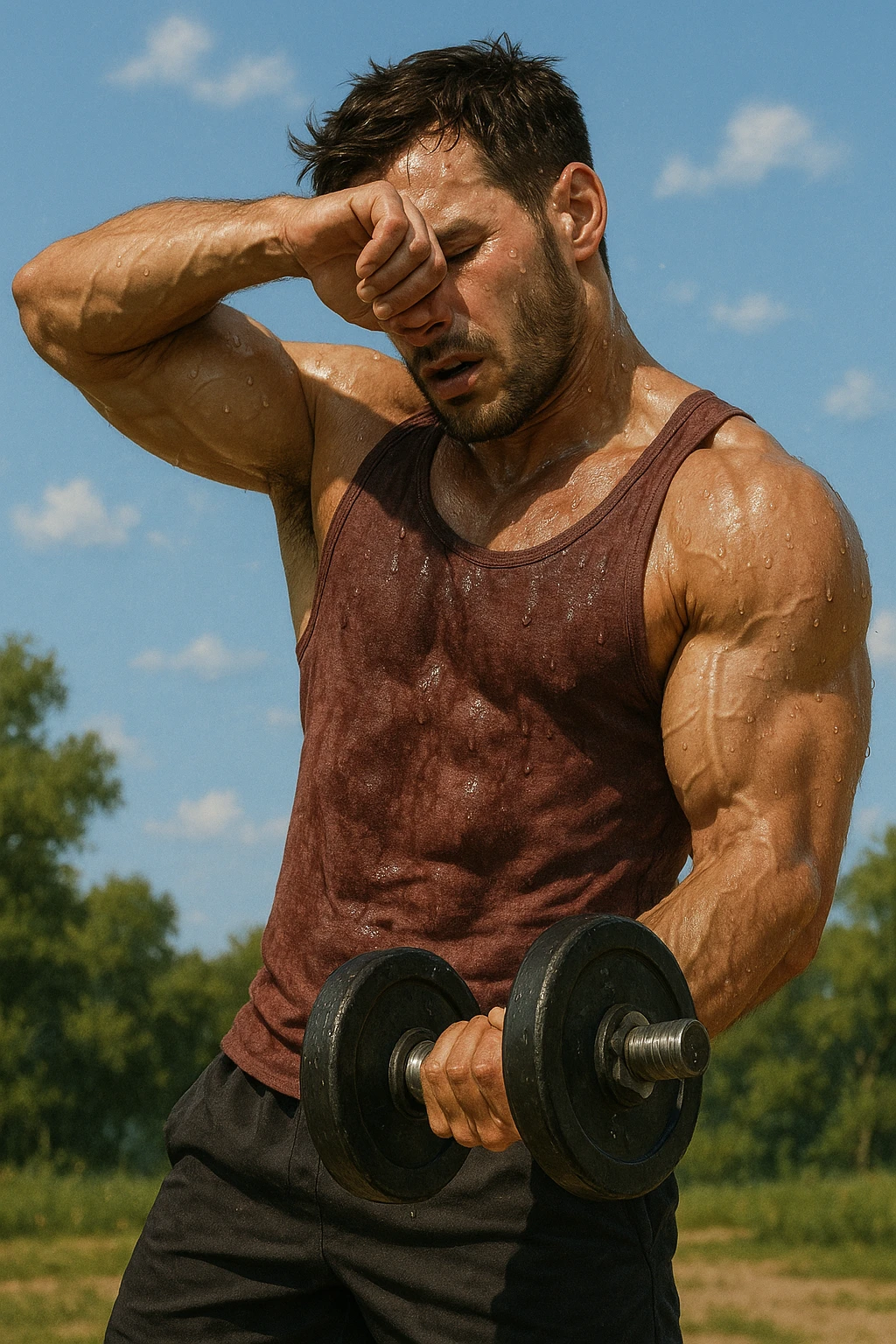 uomo fitness che si allena in estate, tutto sudato, con una mano fa un curl manubri mentre con l'altra mano si asciuga il sudore dalla fronte, espressione affaticata in volto emoji