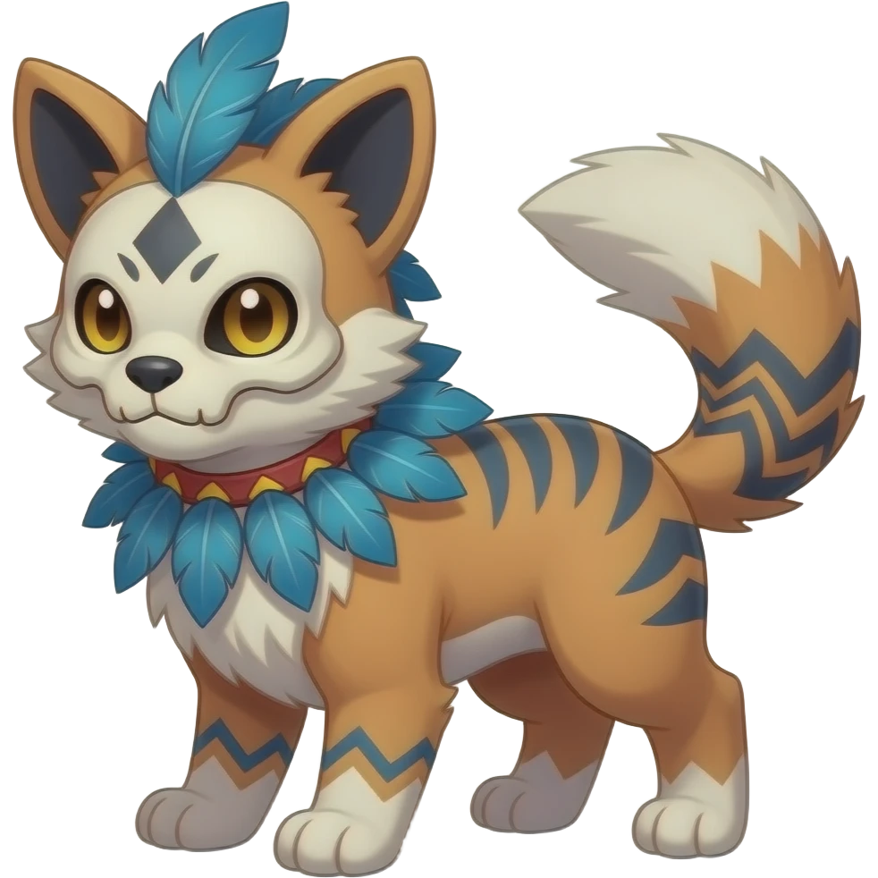 4-legged Furry cute colorful exotic tribal feral anime-styled Fakémon-Pokémon-animal-creature with a skull mask, and a feather-mane-collar, and blue feathers, no ears, earless, long furry tail, 4 legs, (full body), with intricate pattern-markings emoji
