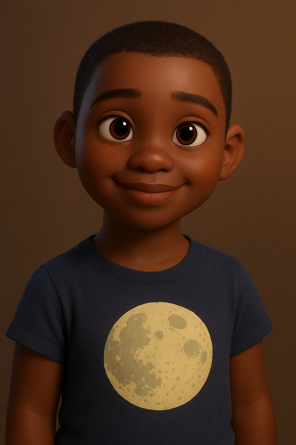 Pixar style dark-skinned girl with very short hair, wearing a t-shirt with a moon drawing emoji