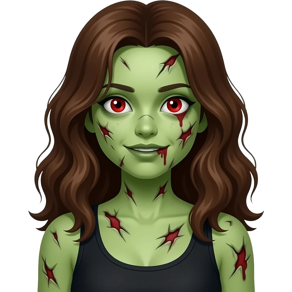 uma menina zumbi de pele verde e estragada com cabelo grande, marrom e ondulado e olhos vermelhos e regata preta emoji