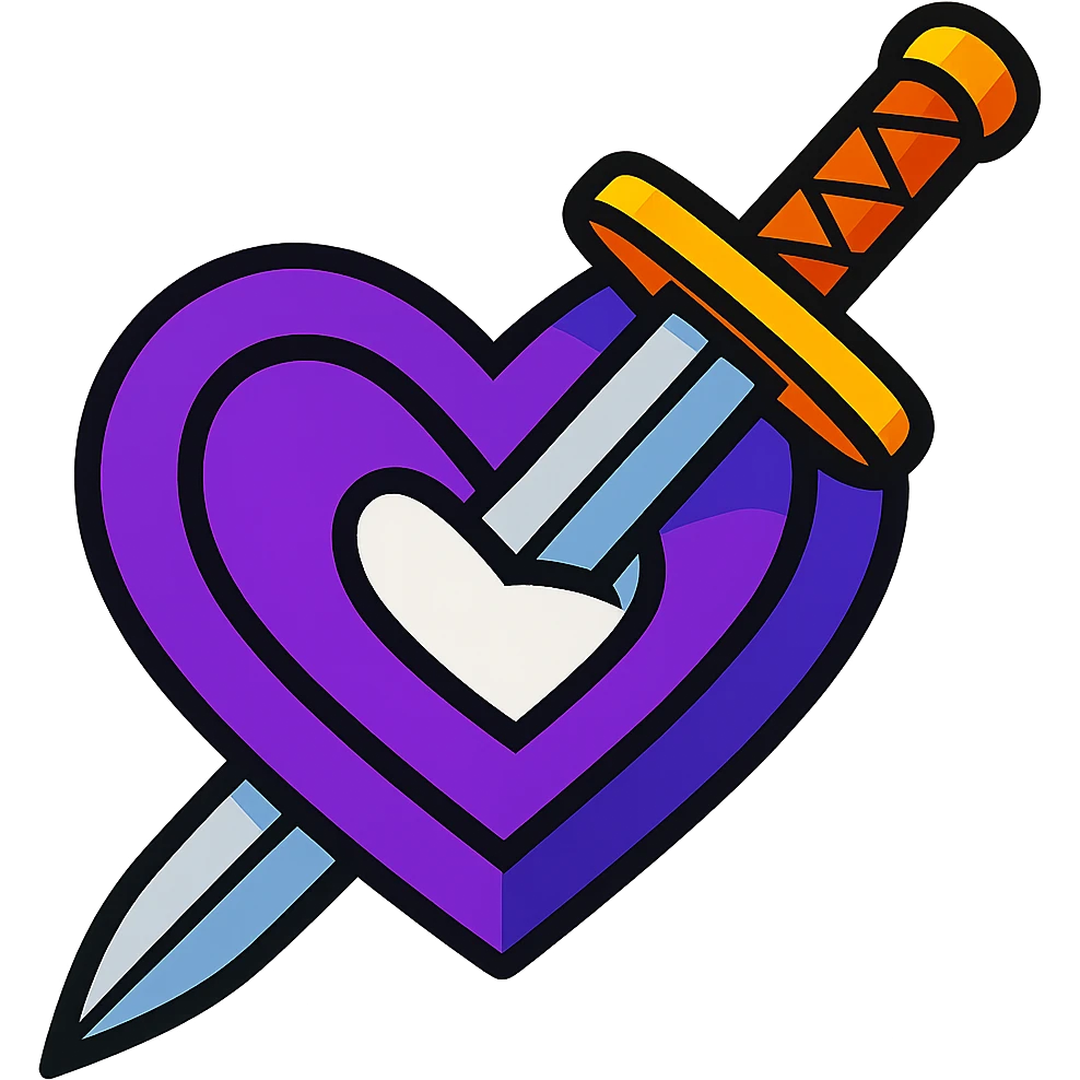 purple and white heart with a katana sword piercing through the center, vibrant toon style emoji