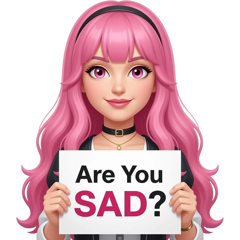 sexy girl with long pink hair and pink eyes holding a Are You SAD? sign emoji