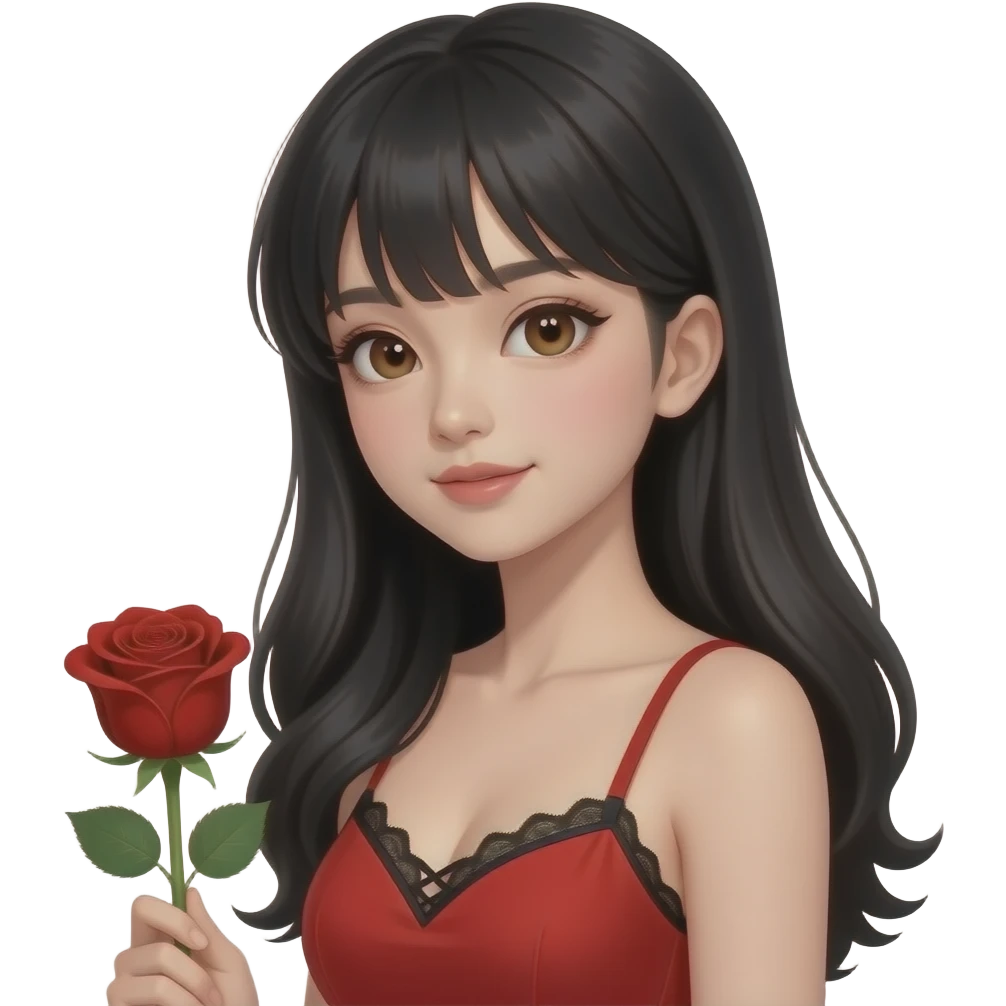 Asian girl with black long hair, pretty brown siren eyes, a red dress, thin strap, with the top of a black bra showing laced, make her look attractive  have her head tilted to the side holding a blood red color rose emoji