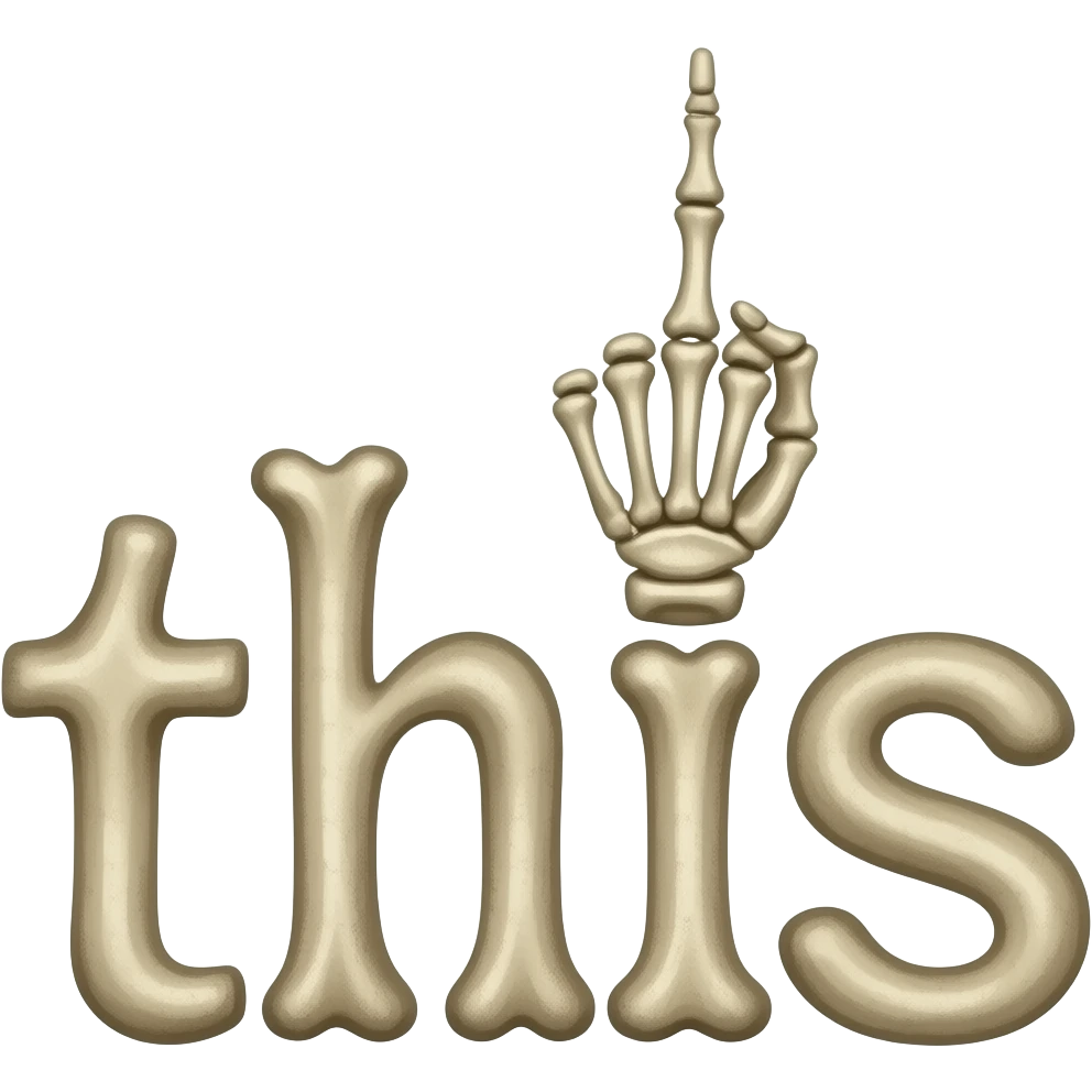 Text "this" made of bones, with skeleton hand behind it pointing a finger up. emoji