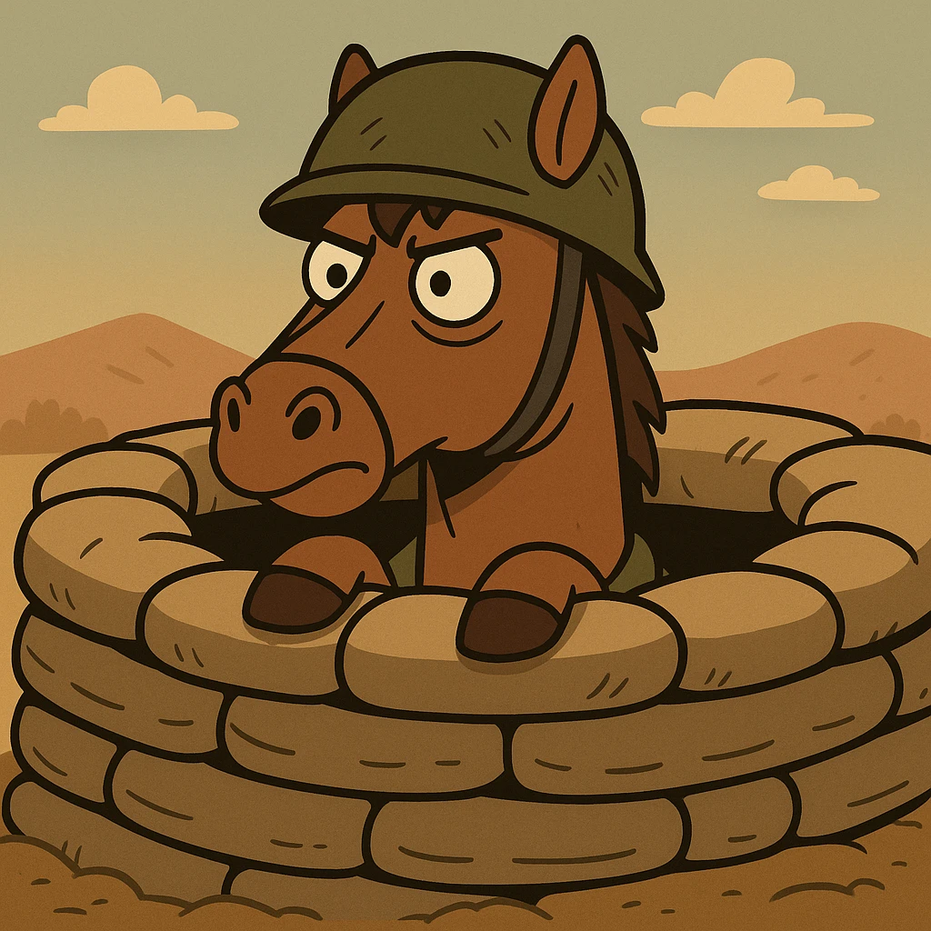 brown horse with an army vibe, cartoon style, peeking out of a sandbag bunker emoji