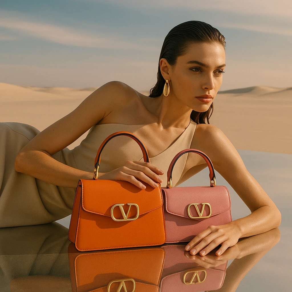 High fashion woman lying on her side on a reflective surface in a minimalist desert, holding two designer bags (orange and pink), wearing a beige minimalist top, earrings, and sleek wet hair. Dramatic sunlight, pastel tones, luxury editorial style. emoji
