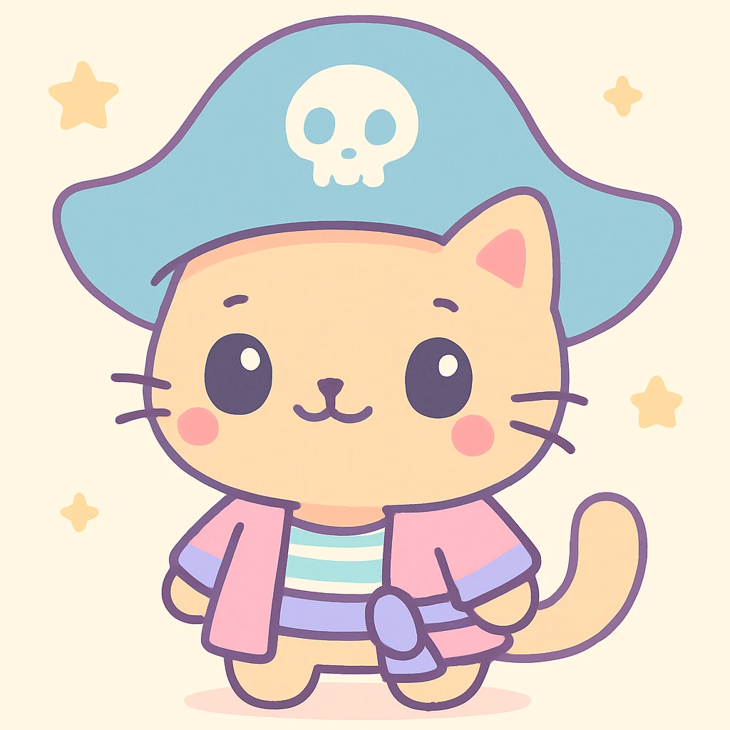 pirate cat, kawaii style, oversized hat, cute face emoji
