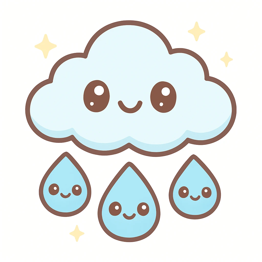 cute rain icon with smiling blue raindrops and a small cloud, kawaii style, simple and friendly emoji