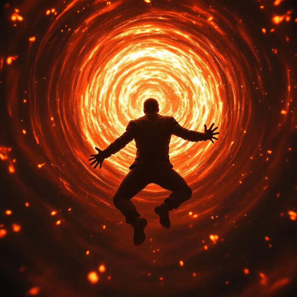 A character being sucked into a swirling, flaming magic portal to hell behind him. The portal is a disk, not a tunnel, and not as tall as he is. The character is going in butt first, with hands and feet flailing last. Dramatic, intense scene in Flux Pro style. emoji
