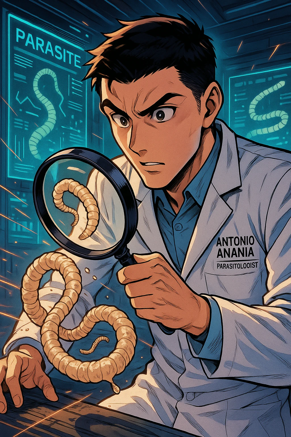 A dynamic manga/webtoon-style illustration of a young male kinesiologist wearing a clean white lab coat, analyzing light beige worms like a tapeworm under a magnifying glass. His expression is focused and slightly intrigued, with sharp, detailed eyes. The art style is vibrant, with bold linework, rich colors, and dramatic lighting. The background is a futuristic laboratory with glowing holographic screens displaying parasite data. The tapeworm is intricately drawn, slimy and segmented, with a slightly exaggerated yet realistic texture. The composition is dynamic, with motion lines or energy effects to emphasize his scientific investigation. The atmosphere is intense but not dark, keeping a balance between scientific seriousness and stylish manga aesthetics, he has "ANTONIO ANANIA" WRITTEN ON WHITE LAB COAT emoji