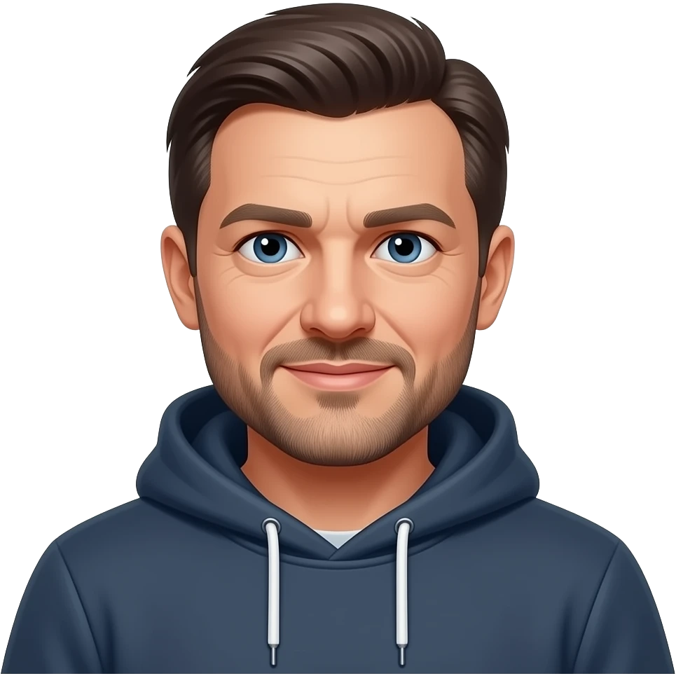 Russian IT businessman in hoodie, dark hair, 40+, light moustache and beard emoji