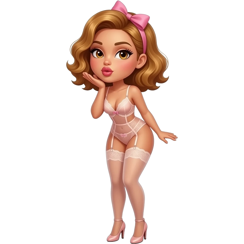 glamours,-tanned,-very-beautiful-woman-with-big-plump-rose-beige-lips,-long-lashes,-honey-silky-very short- hair,-wavy-hair,-with pink bow in hair -hazel-eyes-wearing-nude-lace-lingerie-nude-stilettos-Looks-sexy-winking-blowing-kiss-from-hand-full-body emoji