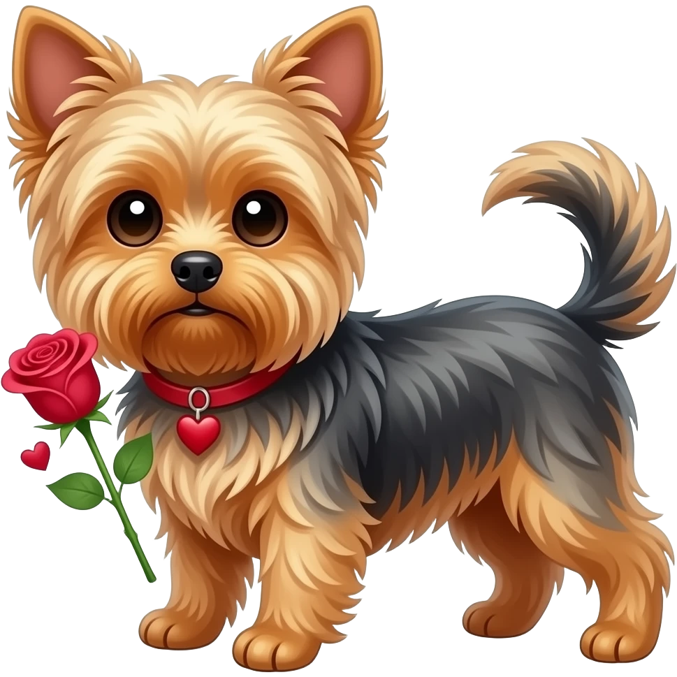 Yorkie dog droopy ears long tail holding a rose with hearts emoji