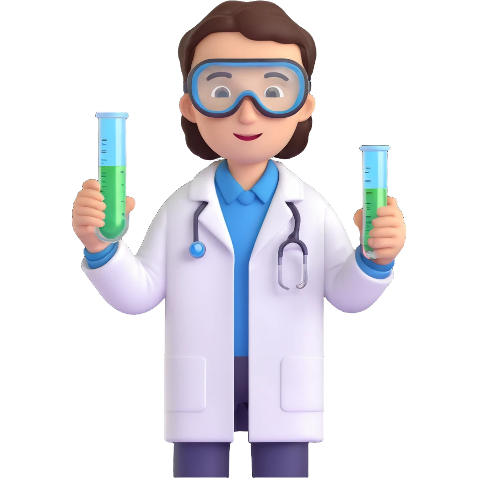 chemist in lab coat with chemical goggles holding a test tube, background with a board of chemical elements, 3D emoji style, no text emoji
