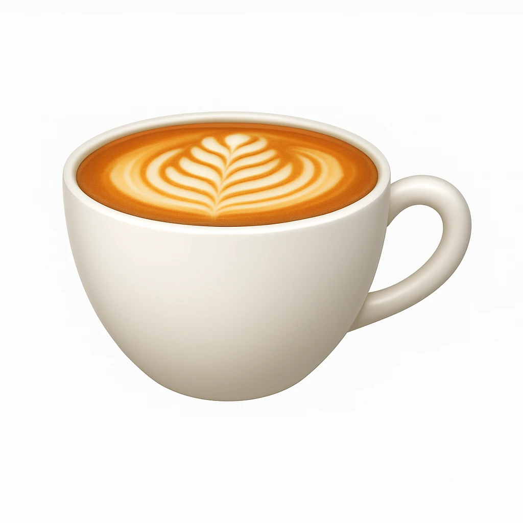 Create a cappuccino cup emoji exactly like the reference image but without the face. The cup should be white with latte art on top, smooth and shiny, with a subtle highlight added, in the style of iOS emojis. emoji