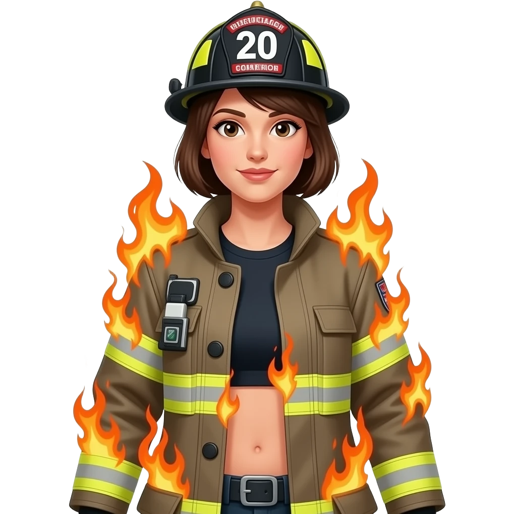 Firefighter woman clothes burns off emoji