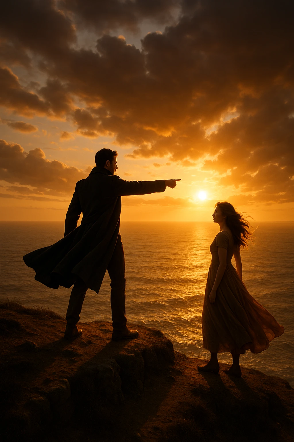 A cinematic scene of a man as a commander guiding a woman toward a bright future, standing on a cliff edge overlooking a vast ocean at sunset, with the man pointing forward while the woman looks at him, ready to follow his lead. The man wears a dark coat blowing in the wind, creating a heroic silhouette, while the woman wears a flowing dress, her hair catching the light. Warm, dramatic lighting with golden tones, emphasizing hope and leadership. Wide-angle shot capturing the epic scenery and emotional connection.
 emoji