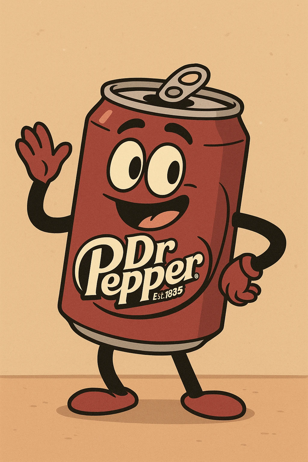 cartoon style Dr Pepper soda can with bold outlines and playful look emoji