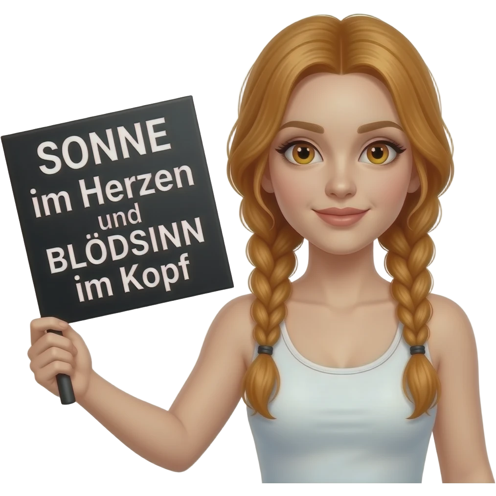 sexy girl with long ginger braids and ginger eyes wearing a white tanktop is holding a black sign with SONNE im Herzen und BLÖDSINN im Kopf written on it emoji