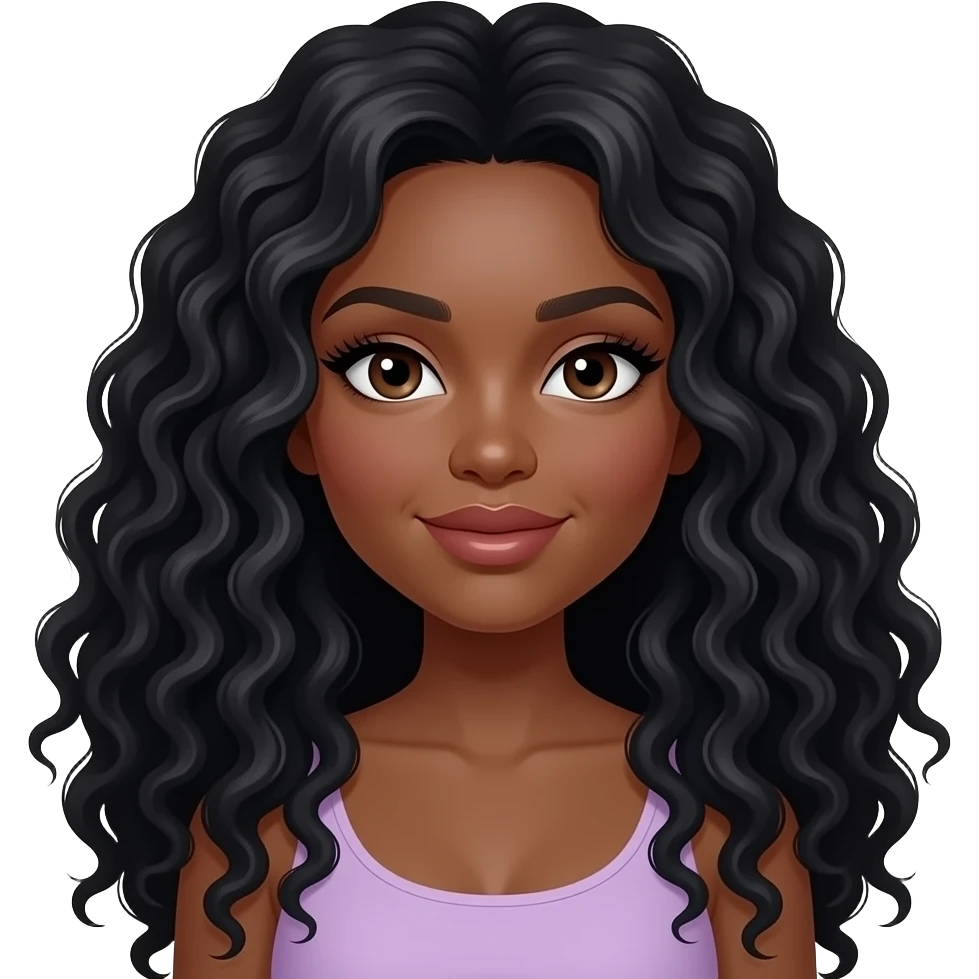 black girl with brown skin, very beautiful woman, with big plump lips, long long lashes, black curly very very very long long long hair, brown eyes,  light purple top emoji