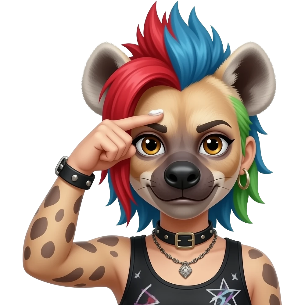 hyène femelle punk cheveux rouge bleu vert qui se tape le front avec la pate emoji