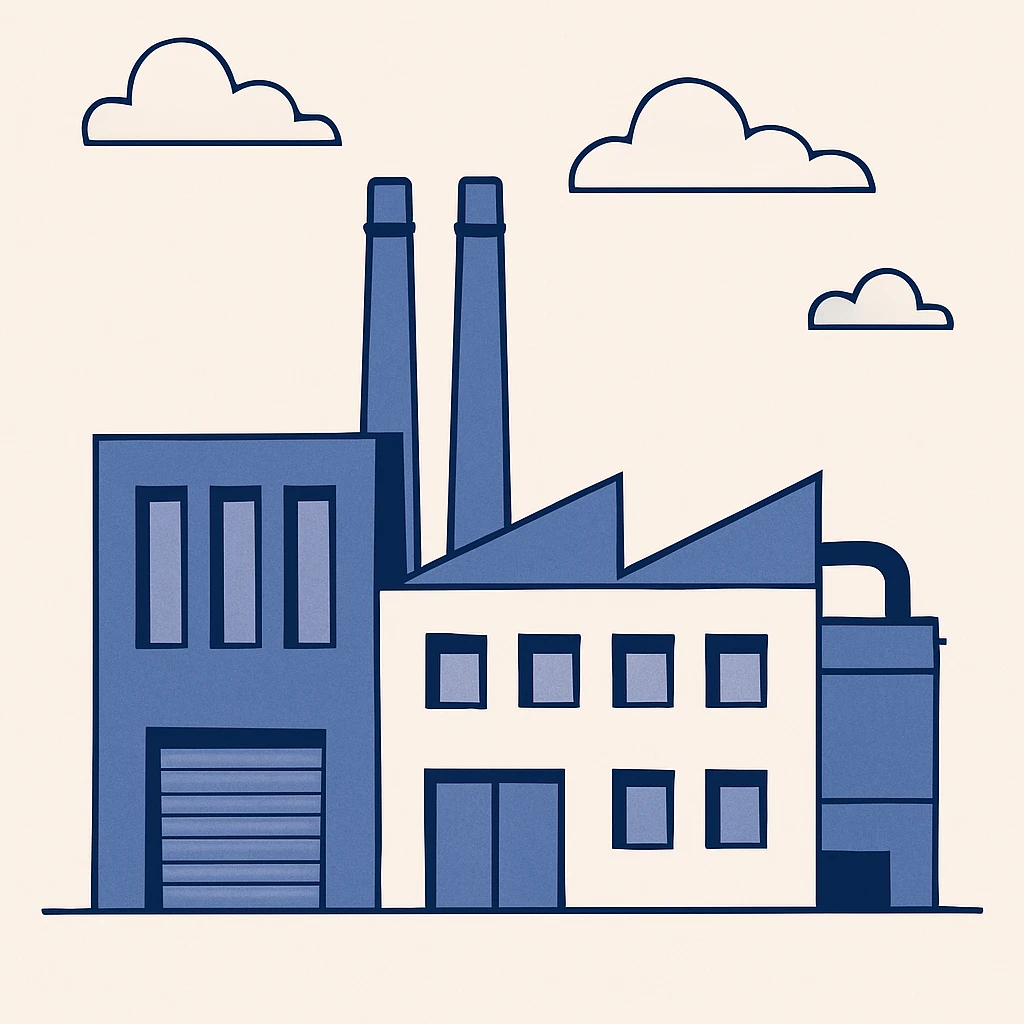 an exterior view of a modern manufacturing factory, the factory building centered in the image, anime style, industrial architecture, clear sky, clean and organized, suitable for branding emoji