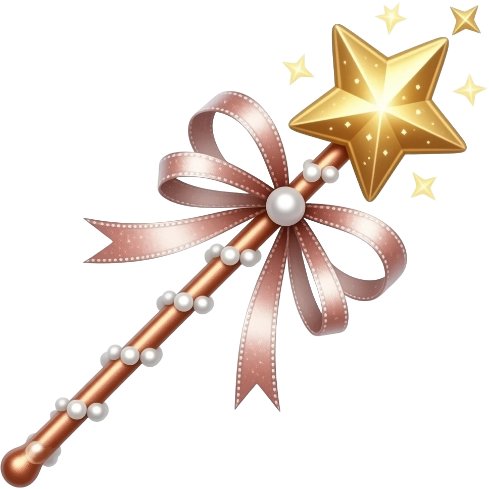 A slim rose-gold magic wand with a glowing star tip, decorated with pearls, ribbons, and subtle glitter. emoji