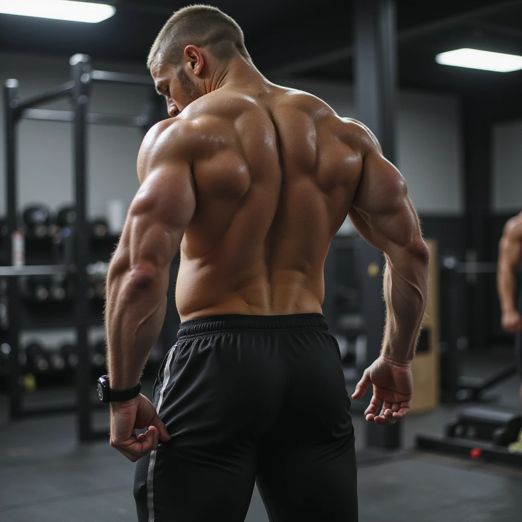 realistic photo of a crossfit athlete training, performing shoulder and hip mobility exercises, fluid movement, defined muscles, bright light, gym background emoji