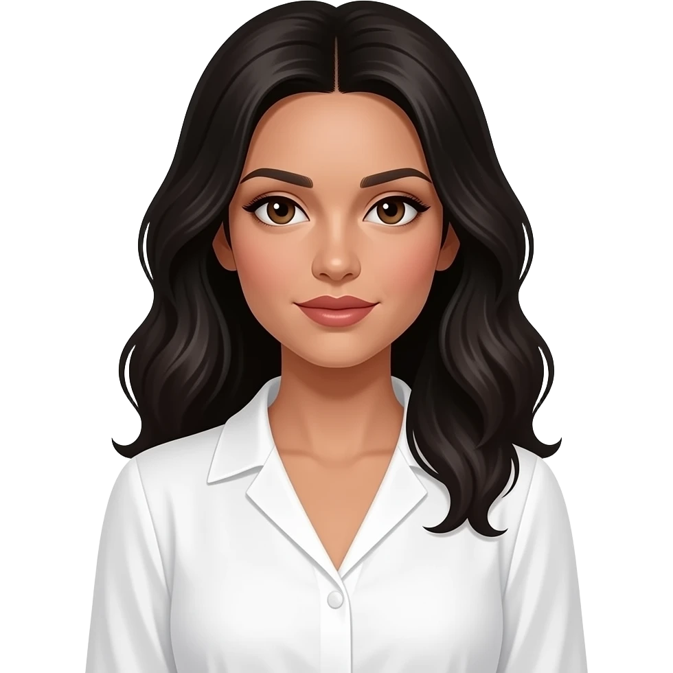 Chica de piel medio güera medio morena, cabello negro largo y en capas, ojos cafés y estilo old money blusa blanca de mangas largas y cuello en V emoji