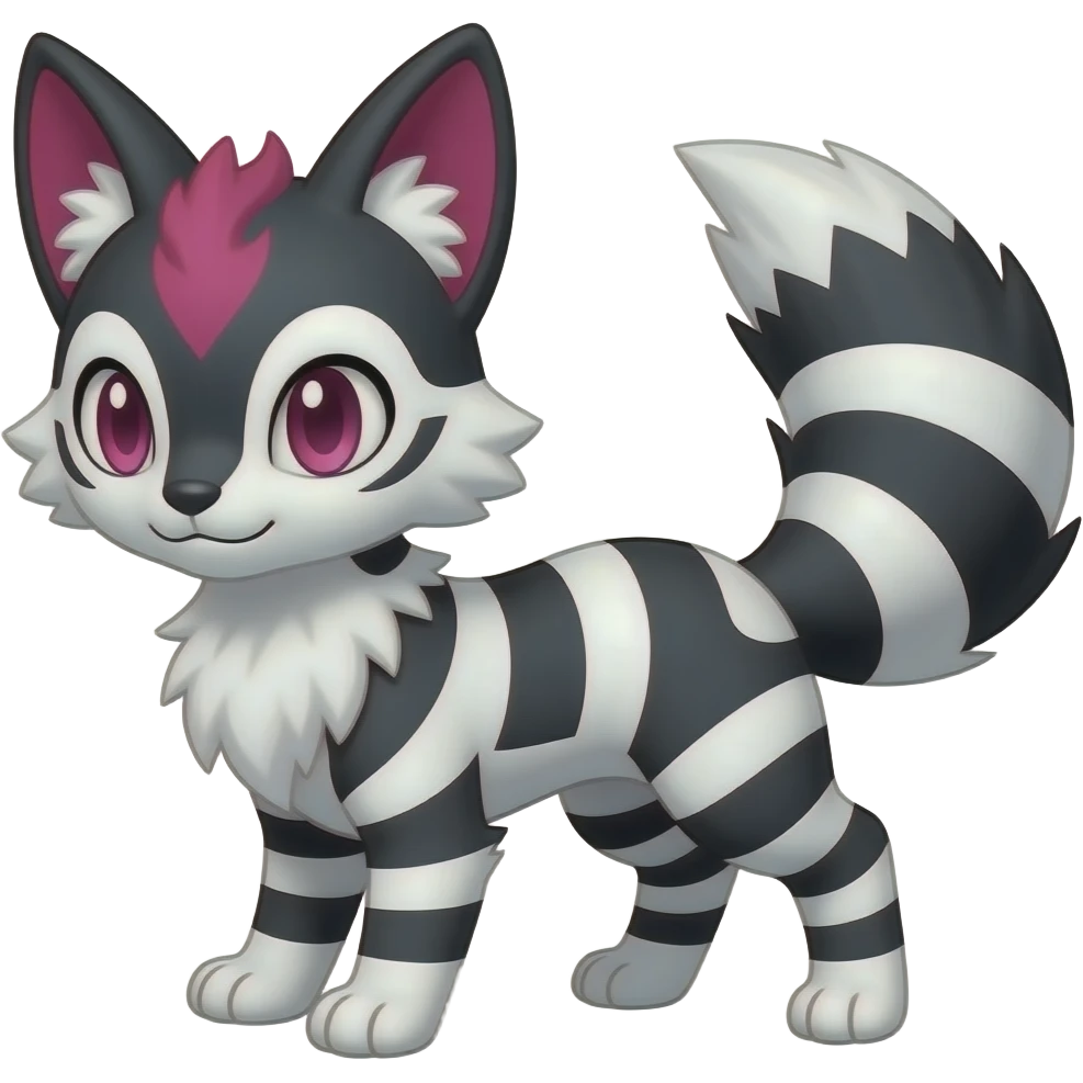 Black and white-striped Colorful Skilled Adept Graceful Asian Painted WereGarurumon-Meloetta-Obstagoon-Furret-fusion-hybrid-creature (full body) with a magenta accent, tufted lynx ears emoji