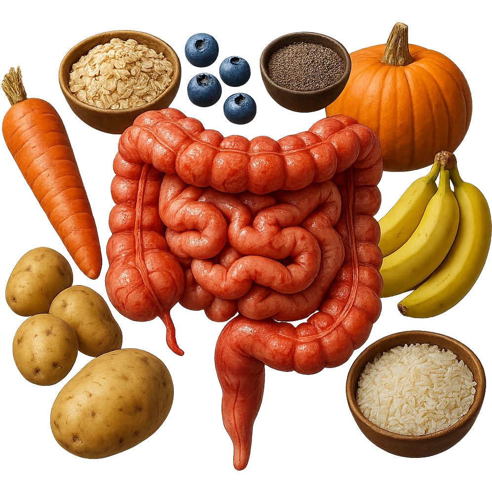 intestino umano anatomico infiammato con carota, bowl di avena, mirtilli, bowl di semi di chia, patate, banane, zucca, bowl di riso che gli fluttuano dietro, iperrealistico 4k emoji