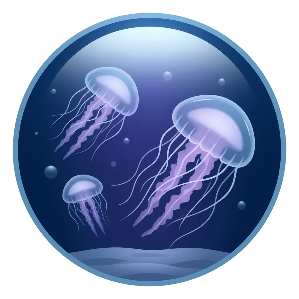 Big three jellyfish in a flat round aquarium swimming blue and purple light (dark water) emoji