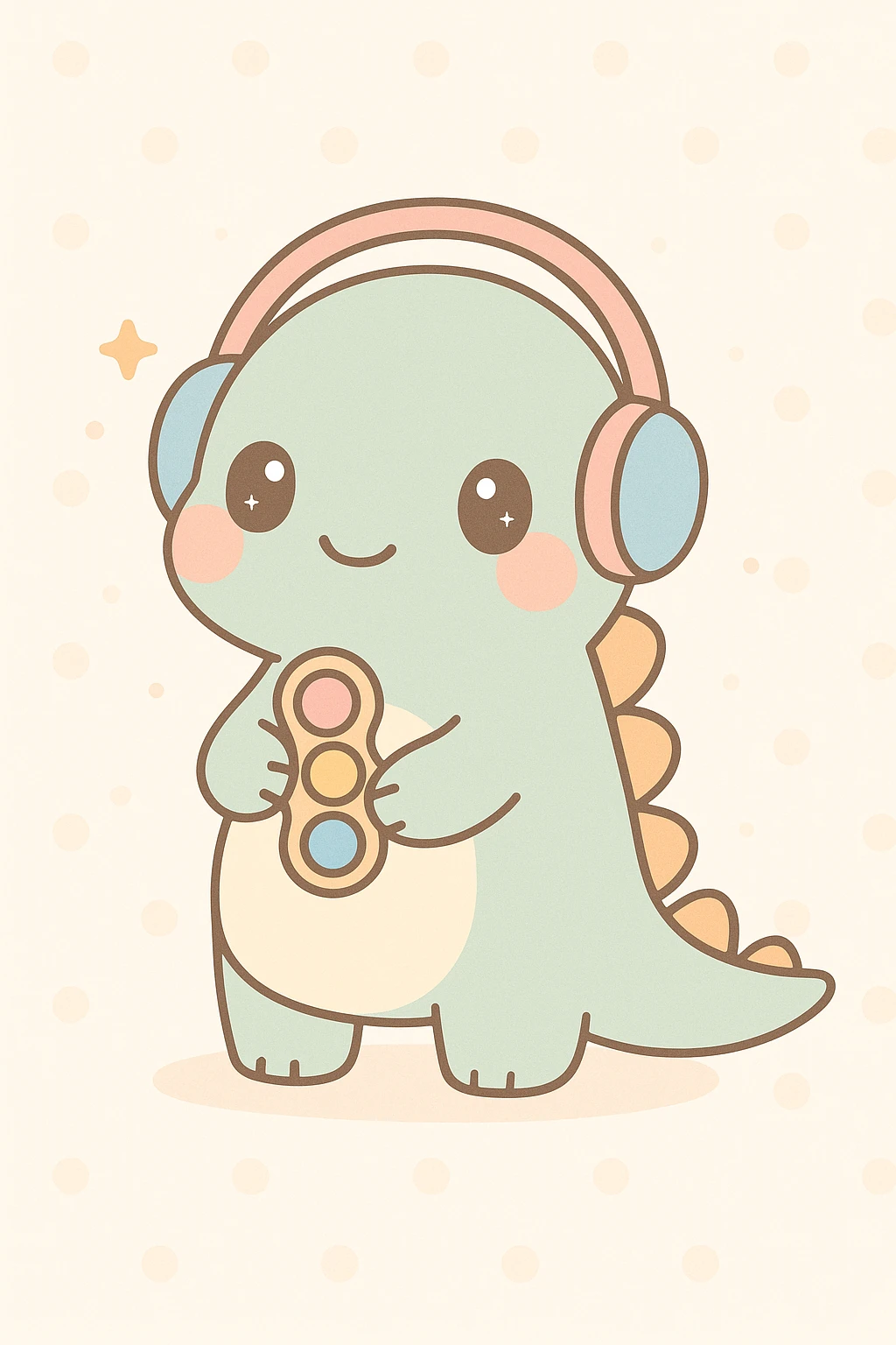 a friendly and inclusive dinosaur character with features representing autism, such as headphones, a fidget toy, and a gentle expression, soft and cute style emoji