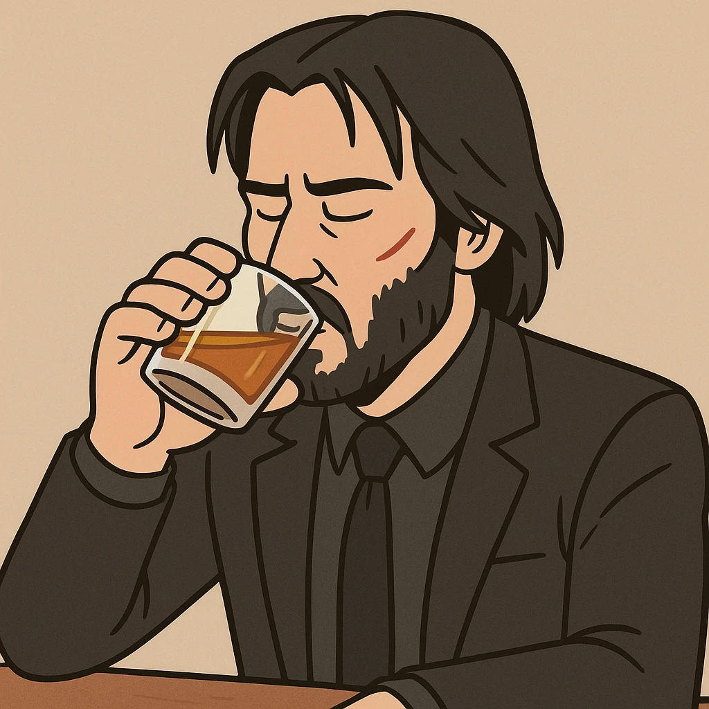 John Wick drinking, cartoon style emoji