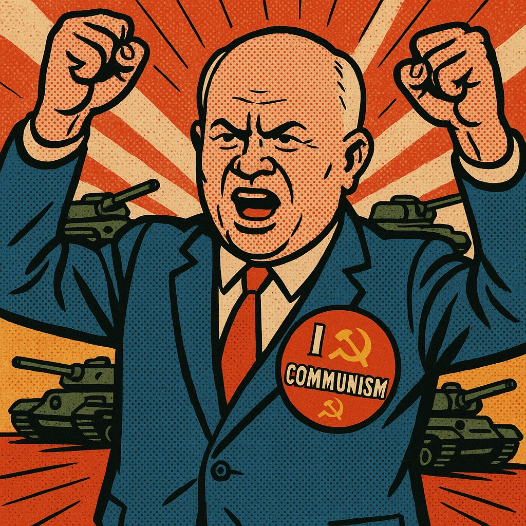 Soviet leader Khrushchev looking aggressive holding his fists in the air. He is wearing a blue suit with a large 'I love Communism' sticker on his chest.  In the background are soviet tanks. emoji