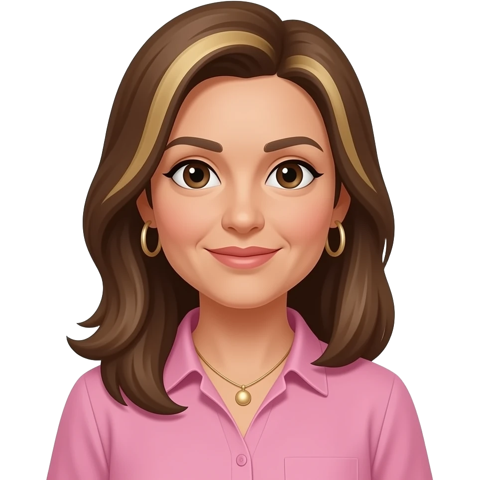 woman in early 50s, italian looking with darker olive skin,with dark brown eyes, long straight brown hair to past the shoulders no layers, with blonde highlights and side parting, all one length. Wearing  a pink shirt with hoop earrings and a necklace. emoji