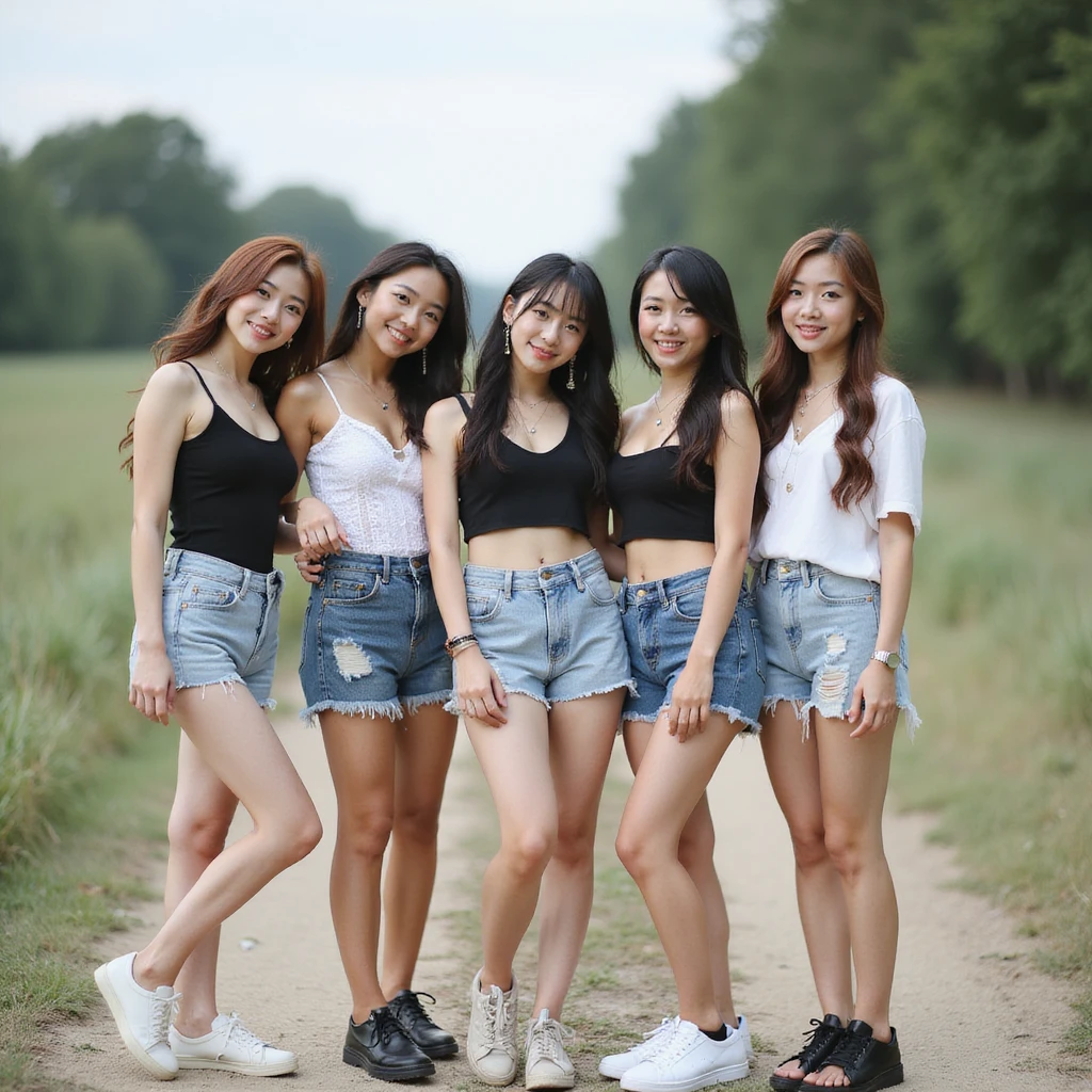 Blackpink, K-pop group, group pose, photorealistic, casual summer outfits, outdoor setting, relaxed and happy emoji