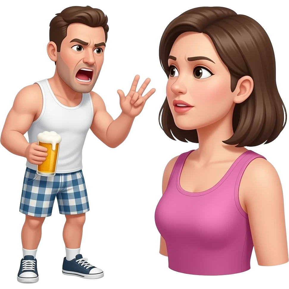 A dad with a white tank top and plaid shorts yells with a beer in his hand at his wife emoji