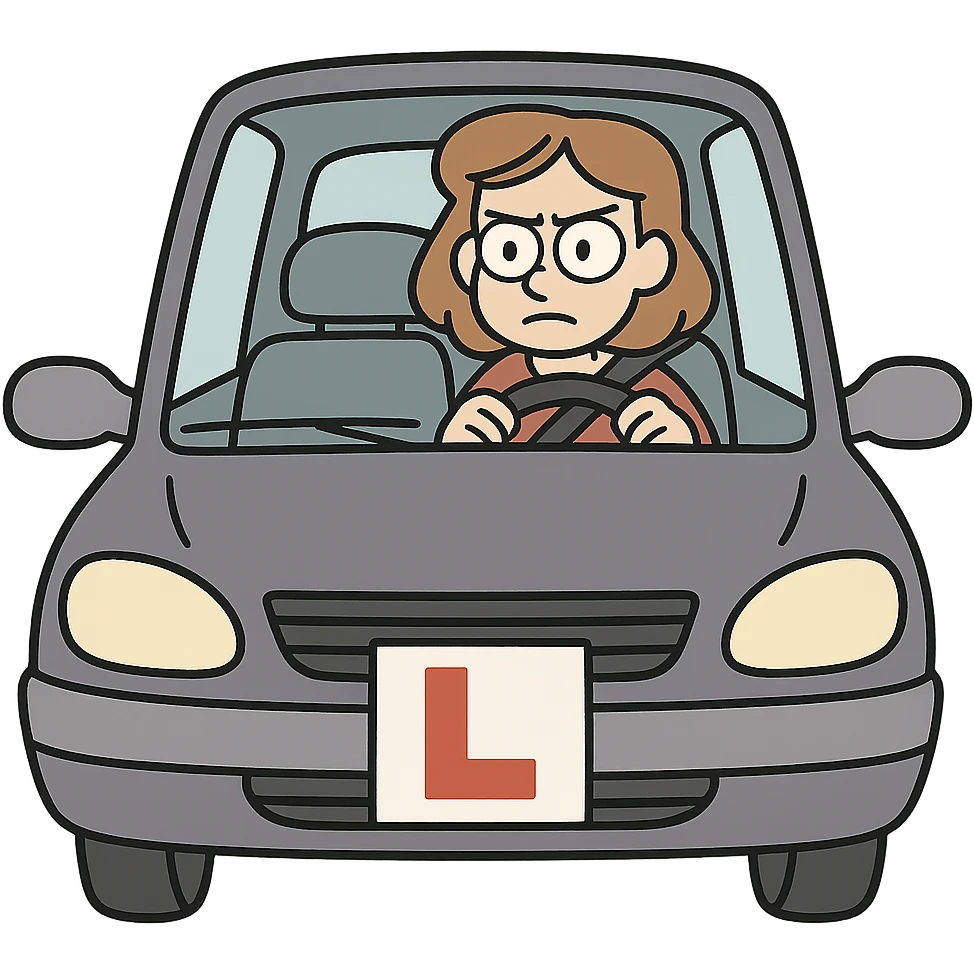 car with learner driver, L-plate on the front, driver looking focused, cartoon style emoji