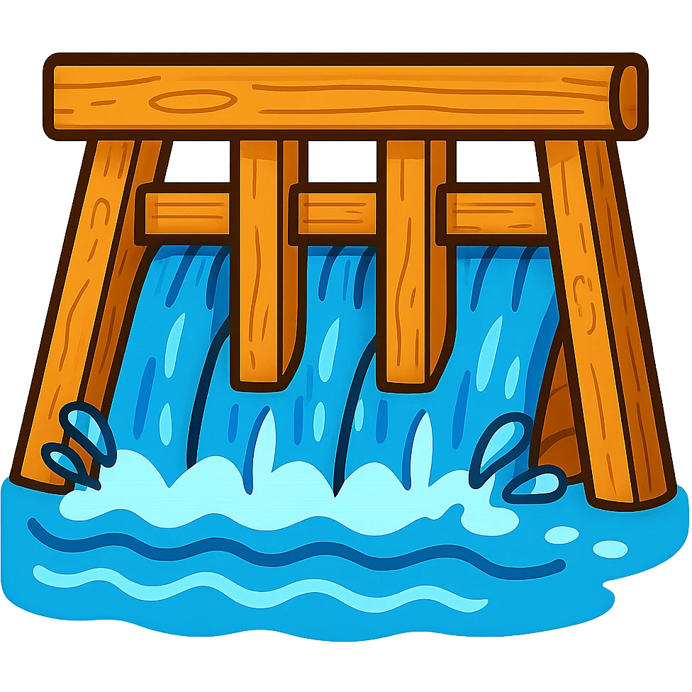 old wood dam with canal water, emoji style emoji