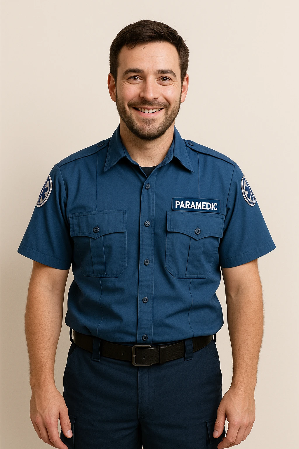 male paramedic in a blue uniform, standing, friendly expression, simple background emoji