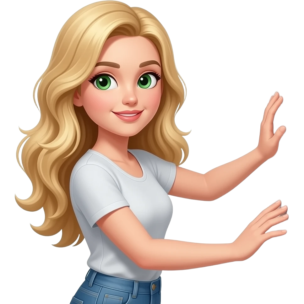 Make an animated emoji of female with blonde hair and green eyes touching walls. So they touch the right side of the wall with their right hand and touch the left side with their left hand emoji