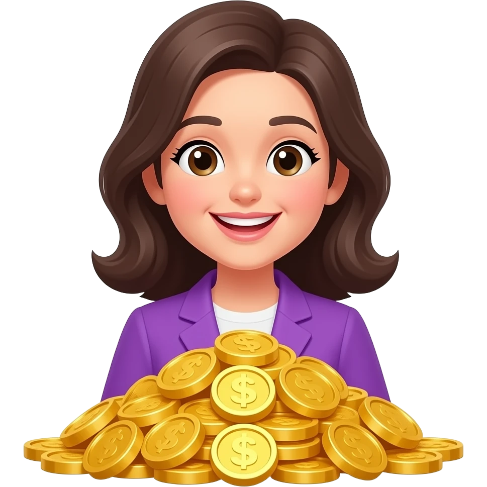 Счастливая женщина с кучей золота в фиолетовой одежде не доллар emoji