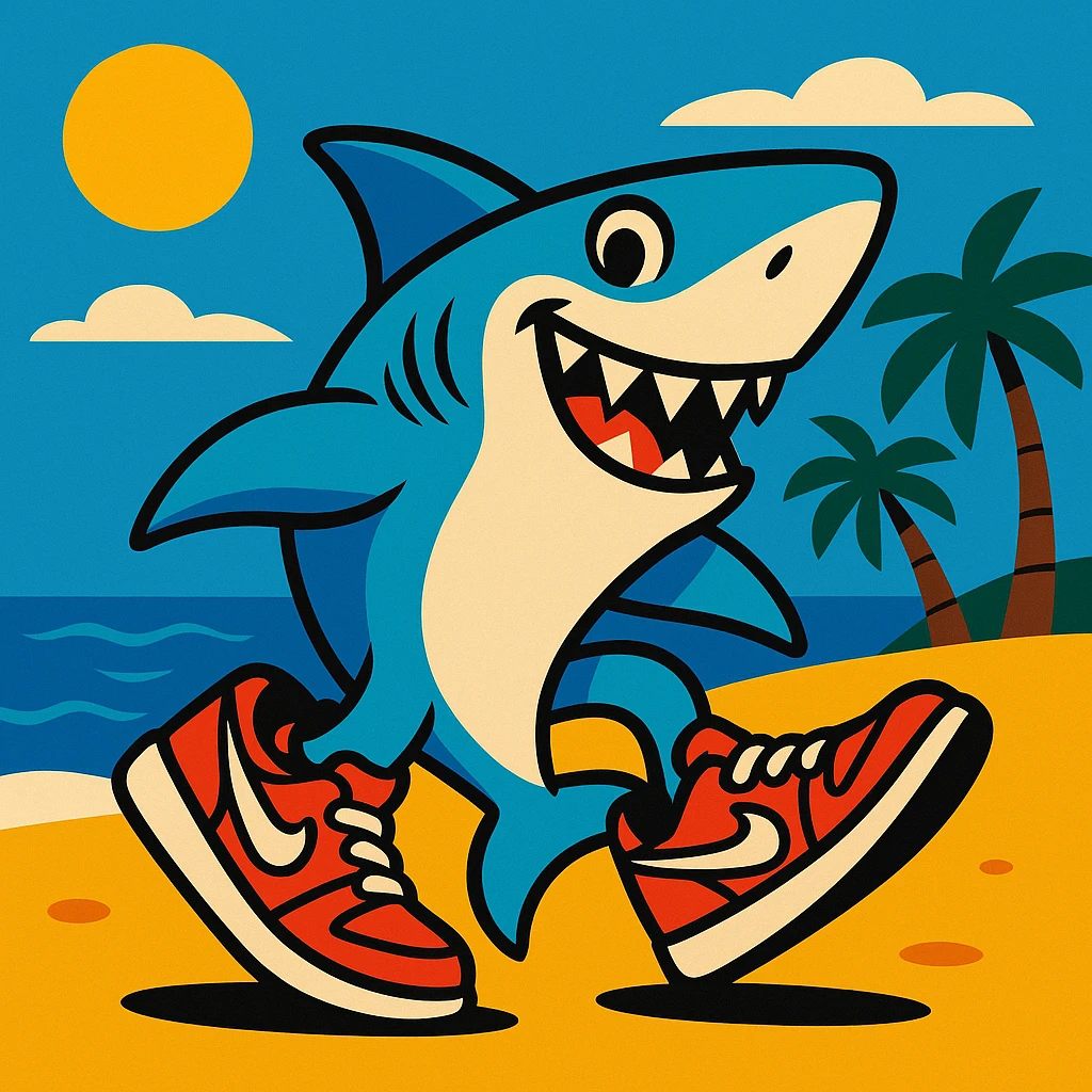 shark with Nike shoes, sunny beach background, vibrant style emoji