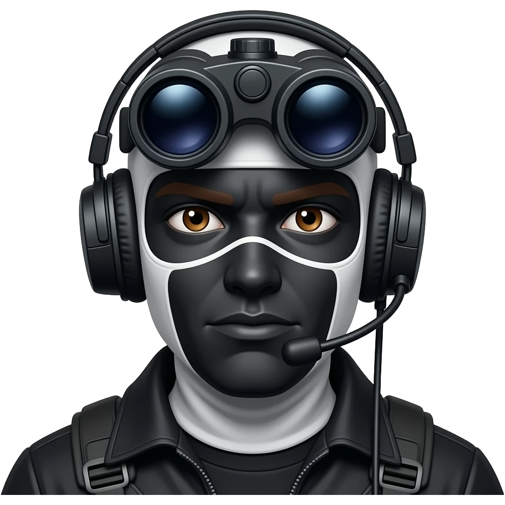 man with brown eyes wearing black clothes, face total painted black and a blackwhite balaclava and wears a headset and a big black night vision device on his headtop emoji